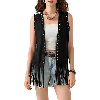 Women's Faux Suede Fringe Vest Studded Sleeveless Boho Jacket