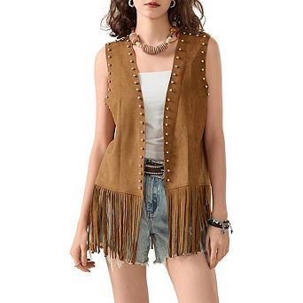 Women's Faux Suede Fringe Vest Studded Sleeveless Boho Jacket