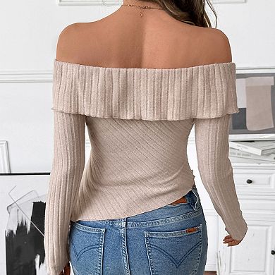 Women Knit Long Sleeve Solid Color Off Shoulder Irregular Hem Tops