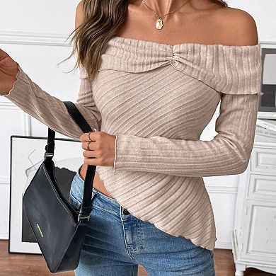 Women Knit Long Sleeve Solid Color Off Shoulder Irregular Hem Tops