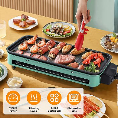 2000W 2-in-1 Electric Indoor Grill Removable Plate, 5 Temp Settings, 3 Small Trays, Dishwasher Saf