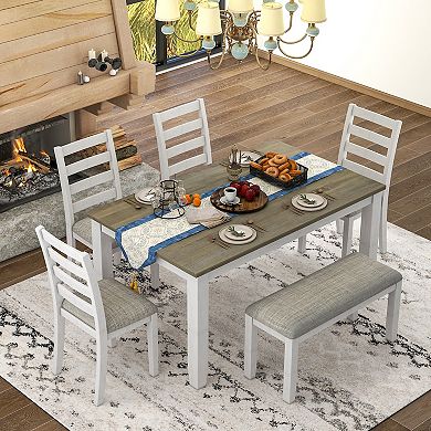 Whisen Rustic Style 6-Piece Dining Room Table Set with 4 Upholstered Chairs and 1 Bench