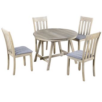 Whisen Wood Dining Table Set, Round Extendable Dining Table with 4 Dining Chairs