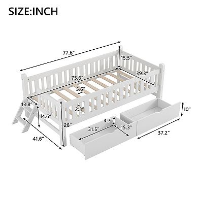Whisen Wood Platform Bed with Guardrail and 2 Drawers