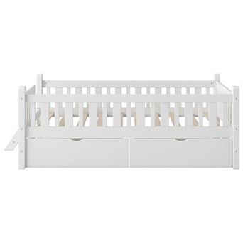 Whisen Wood Platform Bed with Guardrail and 2 Drawers