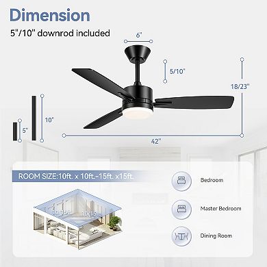42-Inch Modern Ceiling Fan with LED Light, Reversible 3-Blade Dual Finish, Remote, 2 Downrods