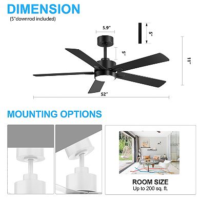 52-Inch Modern Indoor Ceiling Fan with LED Light, 5 Reversible Plywood Blades, DC Motor, Remote
