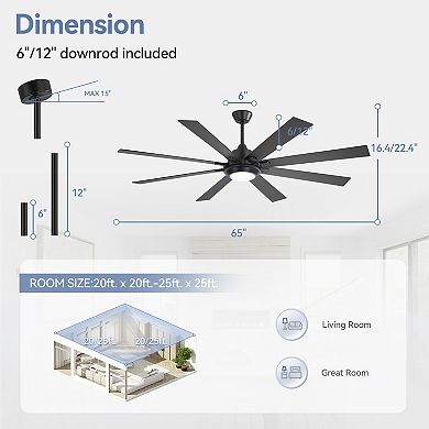 65-Inch Ceiling Fan with 8 Plywood Blades, DC Motor, 6-Speed, 3 Color Light, Timer & Memory