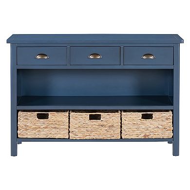 Whisen Vintage Console Table with 3 Storage Drawers and 3 Water Hyacinth Woven Baskets
