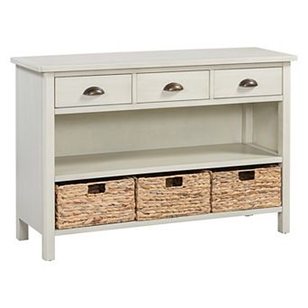 Whisen Vintage Console Table with 3 Storage Drawers and 3 Water Hyacinth Woven Baskets