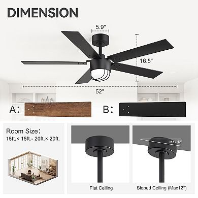 52-Inch Modern Industrial Ceiling Fan with LED Light & Remote, 5 Reversible Blades, DC Motor