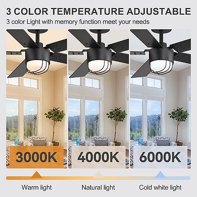 52-Inch Modern Industrial Ceiling Fan with LED Light & Remote, 5 Reversible Blades, DC Motor