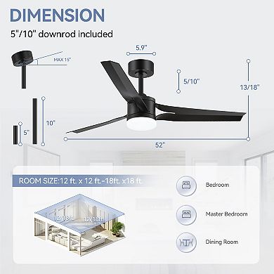 52'' Ceiling Fan with 3-Color Light, 3 ABS Blades, DC Motor, 5''&10'' Downrods, 6-Speed& Timer