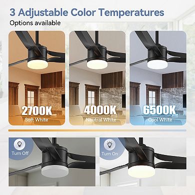 52'' Ceiling Fan with 3-Color Light, 3 ABS Blades, DC Motor, 5''&10'' Downrods, 6-Speed& Timer