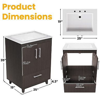 25'' W Freestanding Bathroom Vanity With Cultured Marble Sink,Soft-Close System,Easy Assembly