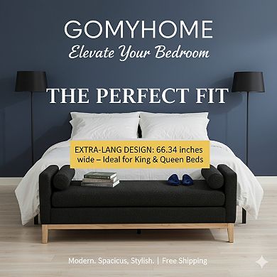 GOMYHOME 66" Upholstered Bed Bench, Modern Black Fabric Ottoman with Bolster Pillows & Wood Base