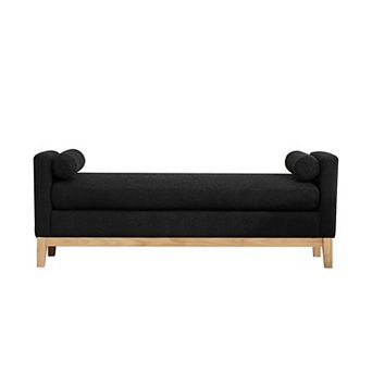 GOMYHOME 66" Upholstered Bed Bench, Modern Black Fabric Ottoman with Bolster Pillows & Wood Base