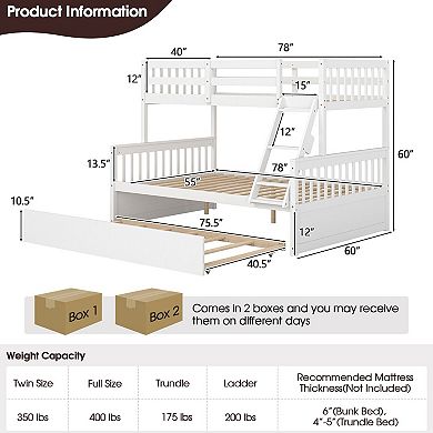 White Twin Over Full Convertible Bunk Bed with Twin Trundle
