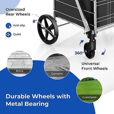 Folding Shopping Cart with Waterproof Liner and Wheels - Silver