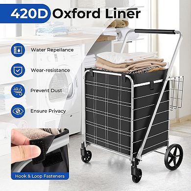 Folding Shopping Cart with Waterproof Liner and Wheels - Silver