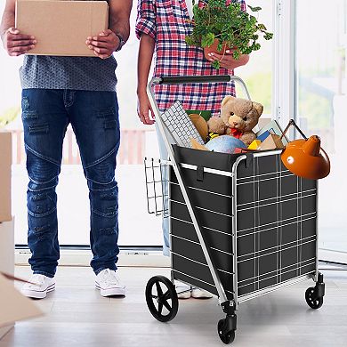 Folding Shopping Cart with Waterproof Liner and Wheels - Silver