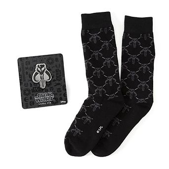 Star Wars Mandalorian Charcoal Gray Dress Socks and Mythosaur Lapel Pin Gift Set