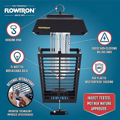 Flowtron Bug Zapper, Mosquito Zapper with 1/2 Acre of Coverage, 15W Bulb & 5600V Killing Grid