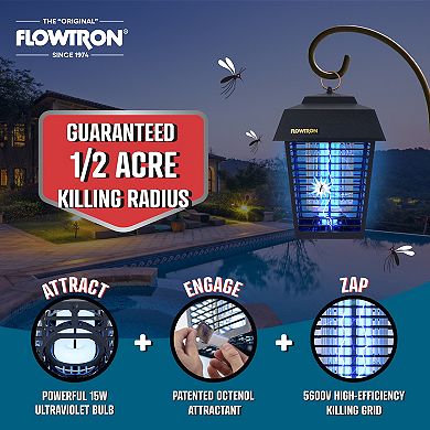 Flowtron Bug Zapper, Mosquito Zapper with 1/2 Acre of Coverage, 15W Bulb & 5600V Killing Grid