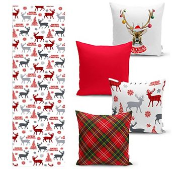 Christmas Table Runner and Throw Pillow Covers 5 pc Set, Perfect for Dining Room