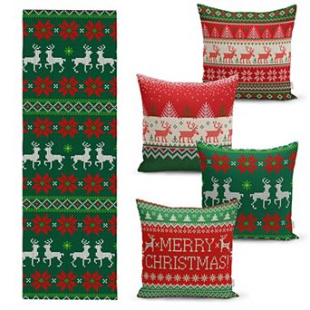 Christmas Table Runner and Throw Pillow Covers, Decorative 5 pc Set for Dining or Living Room