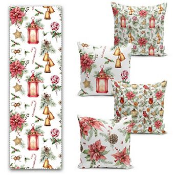 Christmas Table Runner and Throw Pillow Covers Decorative 5 pc Set for Dining or Living Room
