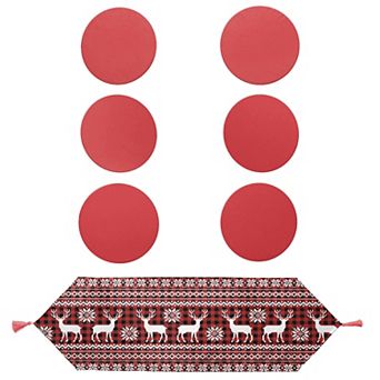 Christmas and Holiday Round Placemat and Runner 7 pc Set, Perfect for Holiday Dinners