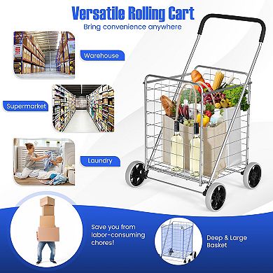 Silver Portable Folding Shopping Cart for Groceries and Laundry