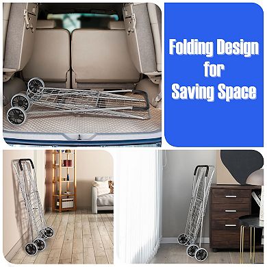 Silver Portable Folding Shopping Cart for Groceries and Laundry