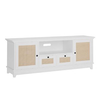 65+" Rattan TV Stand with Storage & Drawer, White Media Console