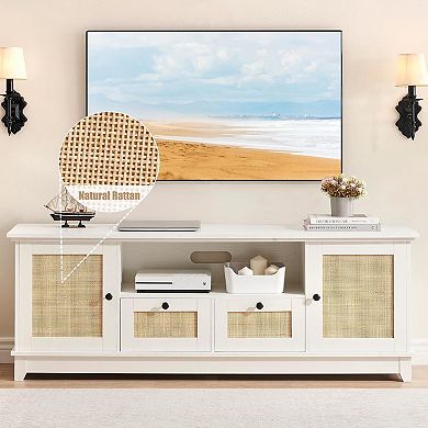 65+" Rattan TV Stand with Storage & Drawer, White Media Console