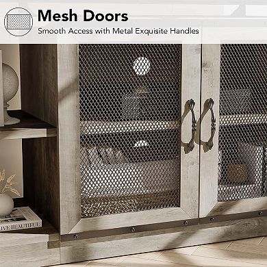 63" Industrial TV Stand, 2 Open Shelves & 2 Mesh Doors