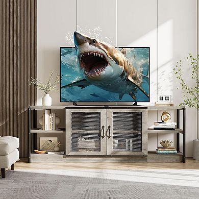 63" Industrial TV Stand, 2 Open Shelves & 2 Mesh Doors
