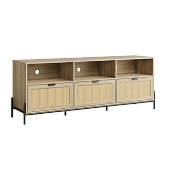 75" TV Stand with 3 Drawers, Rattan Media Cabinet, Oak