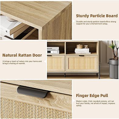 75" TV Stand with 3 Drawers, Rattan Media Cabinet, Oak
