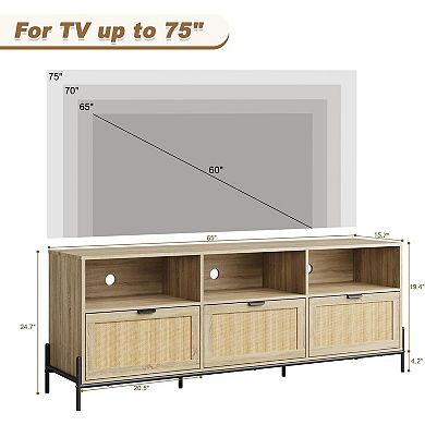 75" TV Stand with 3 Drawers, Rattan Media Cabinet, Oak