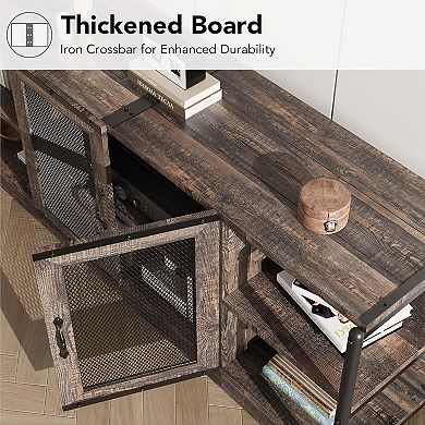 63" Industrial TV Stand, 2 Open Shelves & 2 Mesh Doors