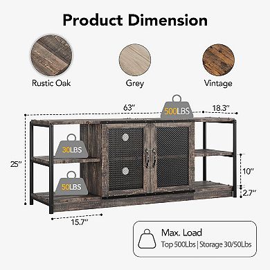 63" Industrial TV Stand, 2 Open Shelves & 2 Mesh Doors