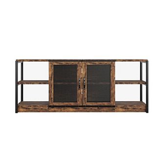63" Industrial TV Stand, 2 Open Shelves & 2 Mesh Doors