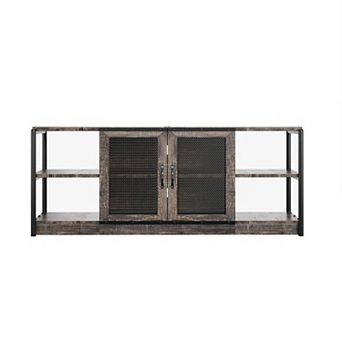 63" Industrial TV Stand, 2 Open Shelves & 2 Mesh Doors