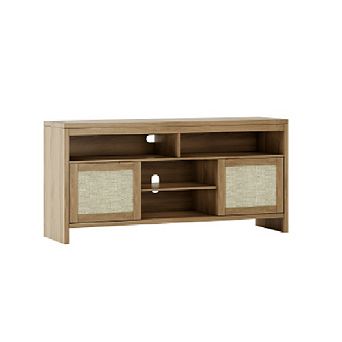 58" Modern Rattan TV Stand with Adjustable Shelves, Oak