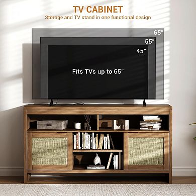 58" Modern Rattan TV Stand with Adjustable Shelves, Oak