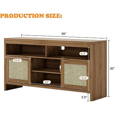58" Modern Rattan TV Stand with Adjustable Shelves, Oak