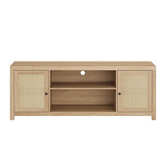 65" Rattan TV Stand with 2 tier Storage, Wooden Media Console