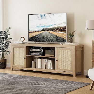 65" Rattan TV Stand with 2-Tier Storage, Wooden Media Console